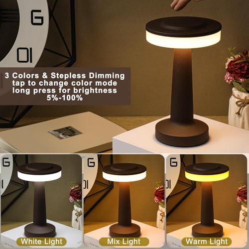 Image of Riakrum 2 Pcs LED Cordless Table Lamp Bulk Rechargeable,Brown | Portable Wireless Lamps, 3 Color Stepless Dimming, 15 Hour Battery, Touch Control, Wedding Home Restaurant Decor