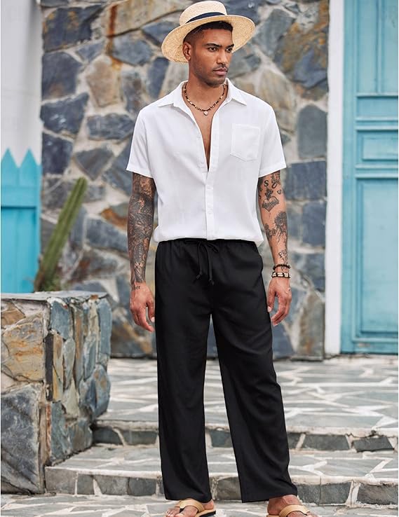 Image of CB-COLEBROOK Mens Casual Linen | Elastic Waist | Drawstring Summer Beach Yoga Linen Trouser | Loose Fit Pyjama Pants for Man