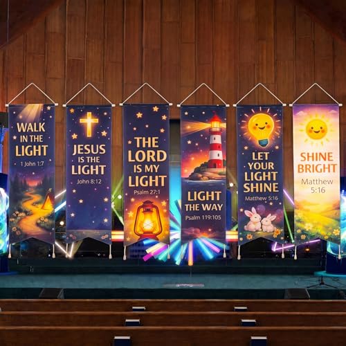 VitalCozy 6 Pcs VBS 2026 Decoration Bible Verse Banner Illumination Decoration Church Banners with Scripture for Wall Christian Hanging Banner for VBS Religious Backdrop Sunday School Classroom (Cute)
