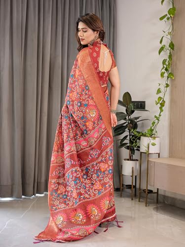 Image of ALMAARI FASHION Handloom Cotton Saree, Coral Red Floral Print with Lotus Motifs, 5.5 Metre with Blouse Piece