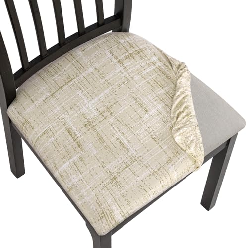 Image of SearchI Seat Covers for Dining Room Chairs Stretch Printed Chair Seat Covers Set of 6, Removable Washable Upholstered Chair Seat Protector Cushion Slipcovers for Kitchen(Beige Linen-Look Print)