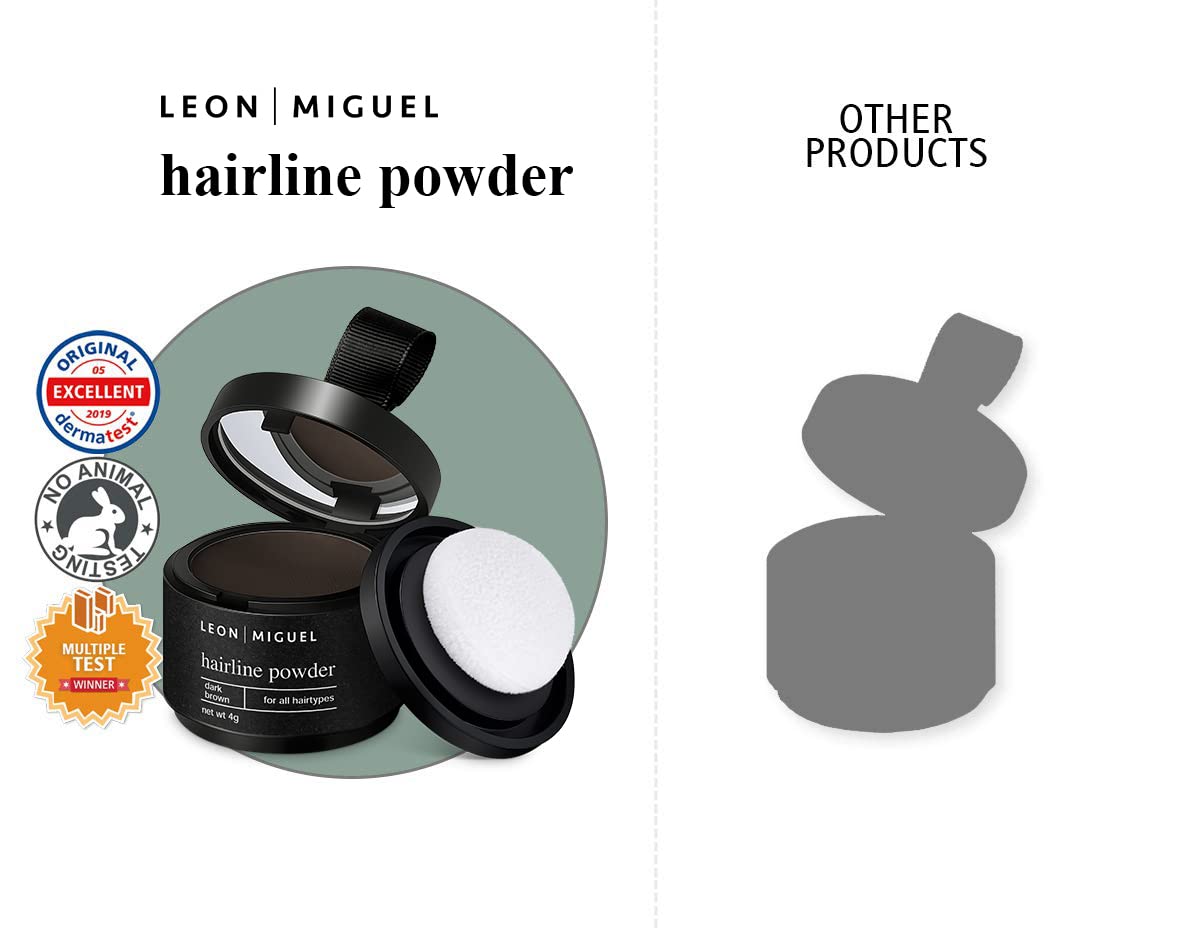 LEON MIGUEL Puder do odrostów – Hairline Powder jako wodoodporny korektor do włosów do kaszerowania odrostów dla kobiet i mężczyzn, niewidoczny makijaż do zagęszczania włosów – 4 g | ciemny brąz