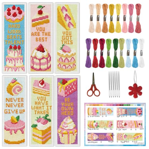 Image of INFUNLY 6PCS Fruit Cake Cross Stitch Bookmark Kit for Adult 3x8.5inch DIY Inspirational Word Embroidery Bookmark Set with Instruction Birthday Cake Counted Cross Stitch Kit for Student Book Lover