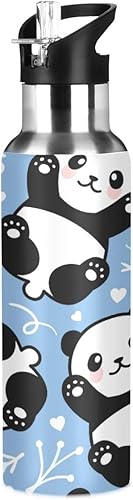 Botella de agua de 22 onzas con diseño de panda de dibujos animados con pajilla, botella de agua de acero inoxidable a prueba de fugas sin BPA para