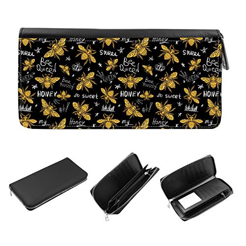 Women's Zip Around Wallet and Phone Clutch - RFID Blocking with Card Holder Organizer - Honey bee golden pattern queen crown textile