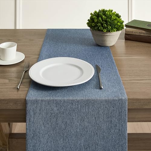 Image of ZeeMart Basic Linen Style Table Runner, 14x36 Inch Navy Blue | Mitered Corner Design, Medium Weight Fabric, Rustic Farmhouse Style, Machine Washable Easy Care Everyday Table Scarf