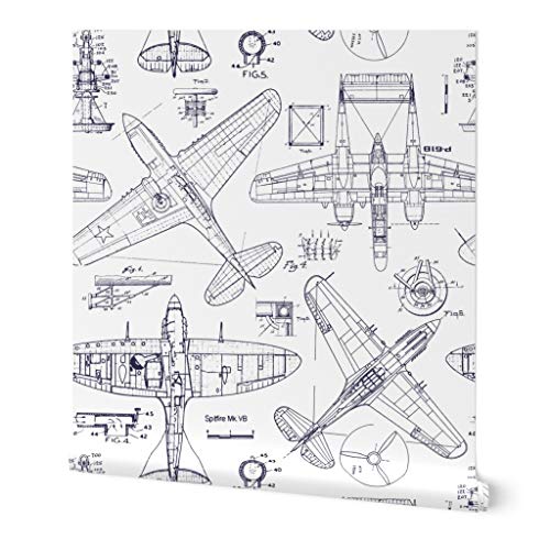 Image of Spoonflower Peel & Stick Wallpaper 6ft x 2ft - Airplane Blueprints Aviation Flight Mechanical Black Gray Engineering Custom Removable Wallpaper