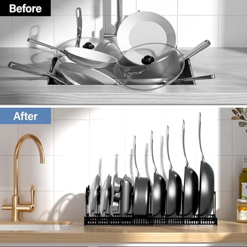 Image of 10-Tier Expandable Pot and Pan Organizer Rack - Adjustable Heavy-Duty Metal Kitchen Cabinet Holder for Pots, Lids, Skillets & Bakeware