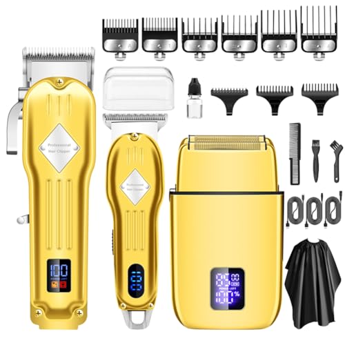 Professional Hair Trimmer Hair Clippers for Men, Nose Hair Trimmer Shaver Set,Cordless T-Blade Beard Trimmer Barber Clippers,Electric Razor Foil Shavers for Haircut Grooming Kit, Gold