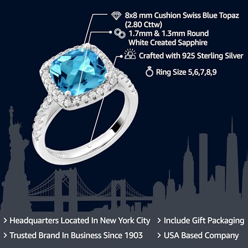 Gem Stone King 2-3 Cttw Gemstone Birthstone and White Moissanite Halo Solitaire Engagement Ring for Women | 925 Sterling Silver | Cushion Cut 8MM | Wedding Anniversary Promise | Size 5-92