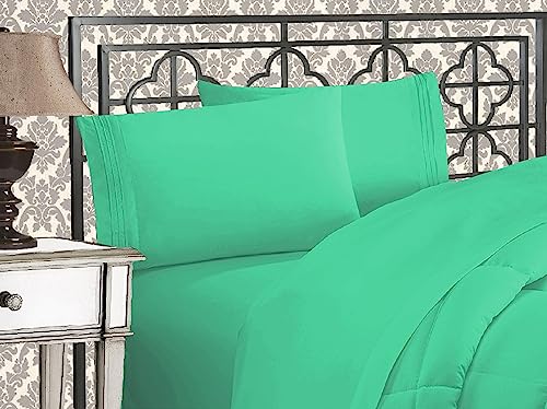 Elegant Comfort Luxurious 1500 Premium Hotel Quality Microfiber Three Line Embroidered Softest 4-Piece Bed Sheet Set, Wrinkle and Fade Resistant, Full, Paradise Teal