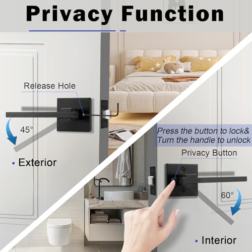 Image of Orger 2 Pack Square Interior Door Handle Bedroom Bathroom Privacy Door Lever, Matte Black Interior Door Lock for Left & Right Side Doors, Modern Keyless Privacy Door Handle Stainless Steel