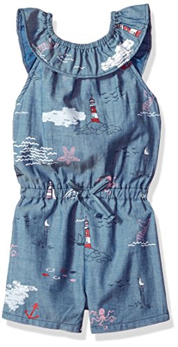 Mud Pie Baby Girls Nautical Ruffle Neck One Piece Romper Playwear, Blue, 3T
