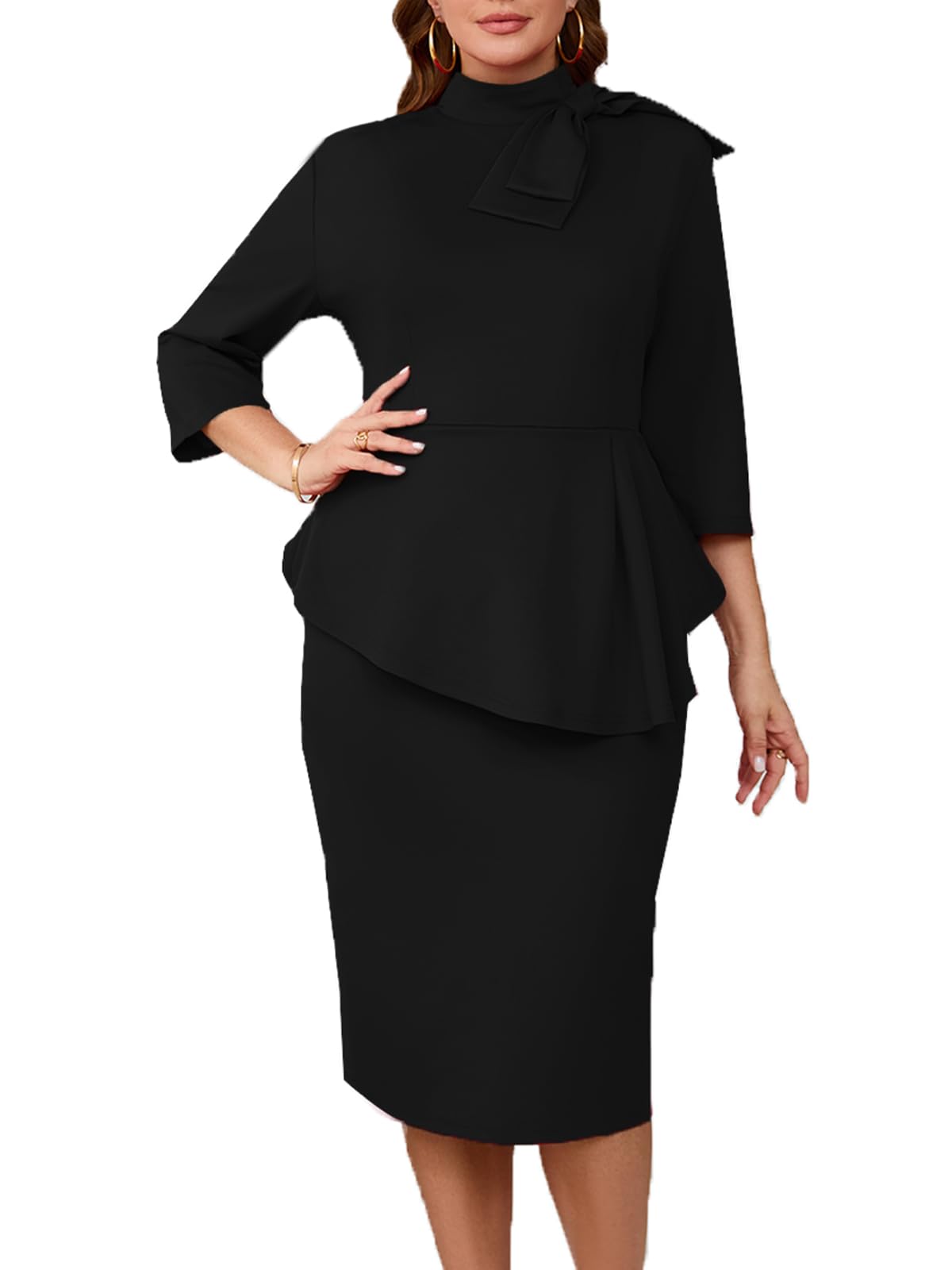 WanMem Plus Size Dress for Curvy Women Semi Formal Cocktail Party Midi Dress Bodycon Long Sleeve Bow Ruffle