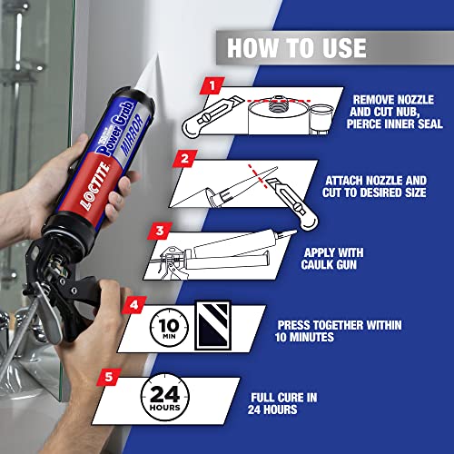 Image of Loctite Power Grab Mirror Construction Adhesive, ultimate strength, 0 second instant grab, high tack adhesive, No-nails and screws, no clamping, DIY, no mixing, mirrors, glass, waterproof 440g