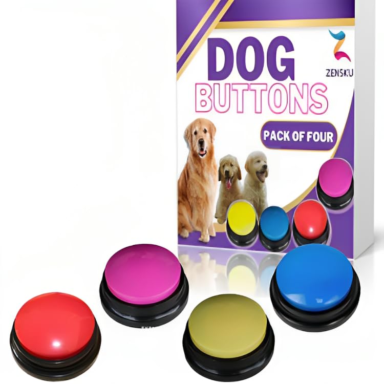 ZENSKU Dog Button - Pet Communication Starter Pack | 4 PCS Training Buttons | 30s Record & Playback | Voice Training for Cats & Dogs | Funny Gift for Study, Office, Home | Yellow, Blue, Pink, Red