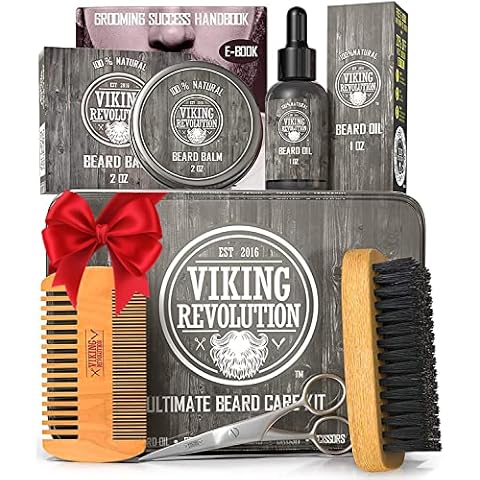 Viking Revolution Beard Care Kit for Men - Kit includes 100% Boar Beard Brush, Wooden Comb, Beard Balm, Beard Oil, Beard & Mustache Scissors in a Metal Box Cover
