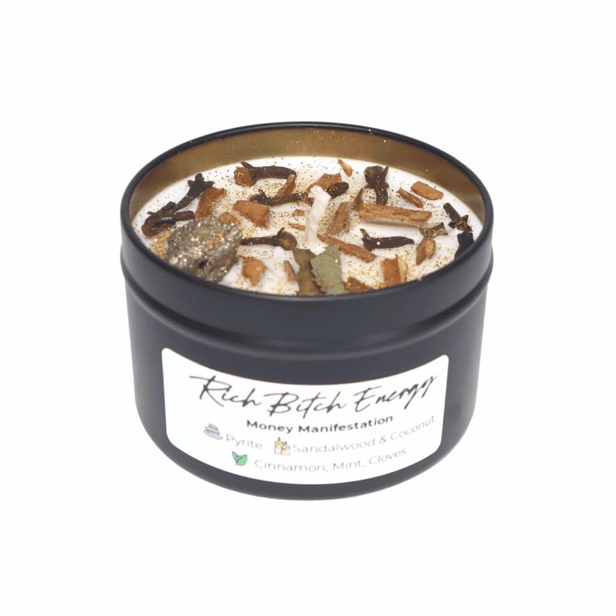 Miniatura 4 de Rich Bitch Energy Pyrite Crystal Candle for Money Manifestation, Creamy Coconut Sandalwood Scented, Mint, Cinnamon, and Clove for Prosperity