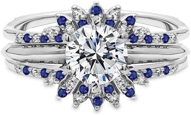 Round Cut Blue Sapphire & Diamond Enhancer Guard Matching Band for Women, 14K Gold Finish Sapphire & Diamond Contour Curve Matching Wedding Band