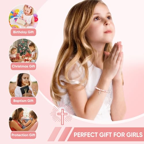 Image of MEALGUET Cross Bracelet Baptism for Girl : Pink White Bead Cubic Zirconia Rosary Christian Cross Charm Bracelet Religious Jewelry First Communion Confirmation for Teen Girls Daughter Niece Kids