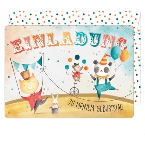 12 Children's Birthday Invitation Cards with Relief Paint and Colourful Shipping Envelopes - Colourful Birthday Party Invitations - Circus Cover