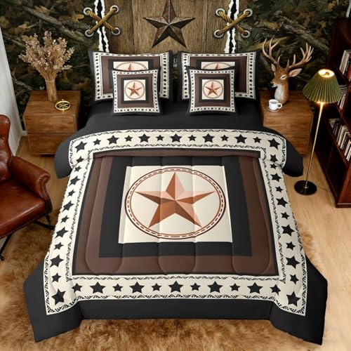 Image of Western Texas Star Bed in a Bag King Size Comforter Set 7-Piece | Black Stars Western Bedding Sets Exotic Nordic Grunge Circle Comforter and Sheet Set,Southwestern Native Ethnic Tribal Boho Decor