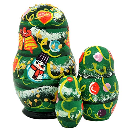 “Christmas Tree” 3-Nest Doll Russian Matryoshka Wooden Stacking Nested Dolls Wooden Handmade Toys Gift for Children Christmas Mother’s Day Birthday Home Decor Wishing Gift 110151