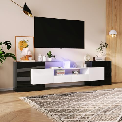 QSOST Meuble TV LED Moderne de 200 cm de Hauteur - Noir et Blanc Brillant - avec éclairage LED - Deux tiroirs et Trois Compartiments - Convient pour Le Salon et la...