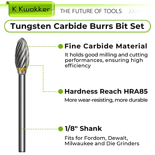K Kwokker 20Pcs 1/8 Shank Tungsten Carbide Burr Set Diamond Files Hra85 Rotary Tool Accessory Kit, Accessories For Dremel Rotary Drill Air Die Grinder, Graving Tools For Metal Polishing, Wood Carving #TOP4