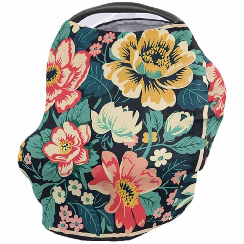 Nursing Cover for Breastfeeding Scarf, Comic Flowers Leaves Bohemian Vintage Baby Car Covers Super Soft Multi Use for Canopy Shopping Cart Cover Blanket Stroller Cover