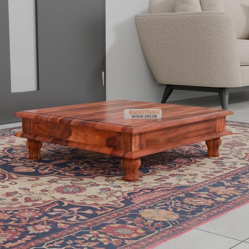 Image of Solid Sheesham Wood Pooja Chowki for Home & Mandir | Wooden Chowki Table for Living Room, Hall & Office | Traditional Low Height Wooden Table for Pooja Room, Coffee & Dcor | Natural Finish