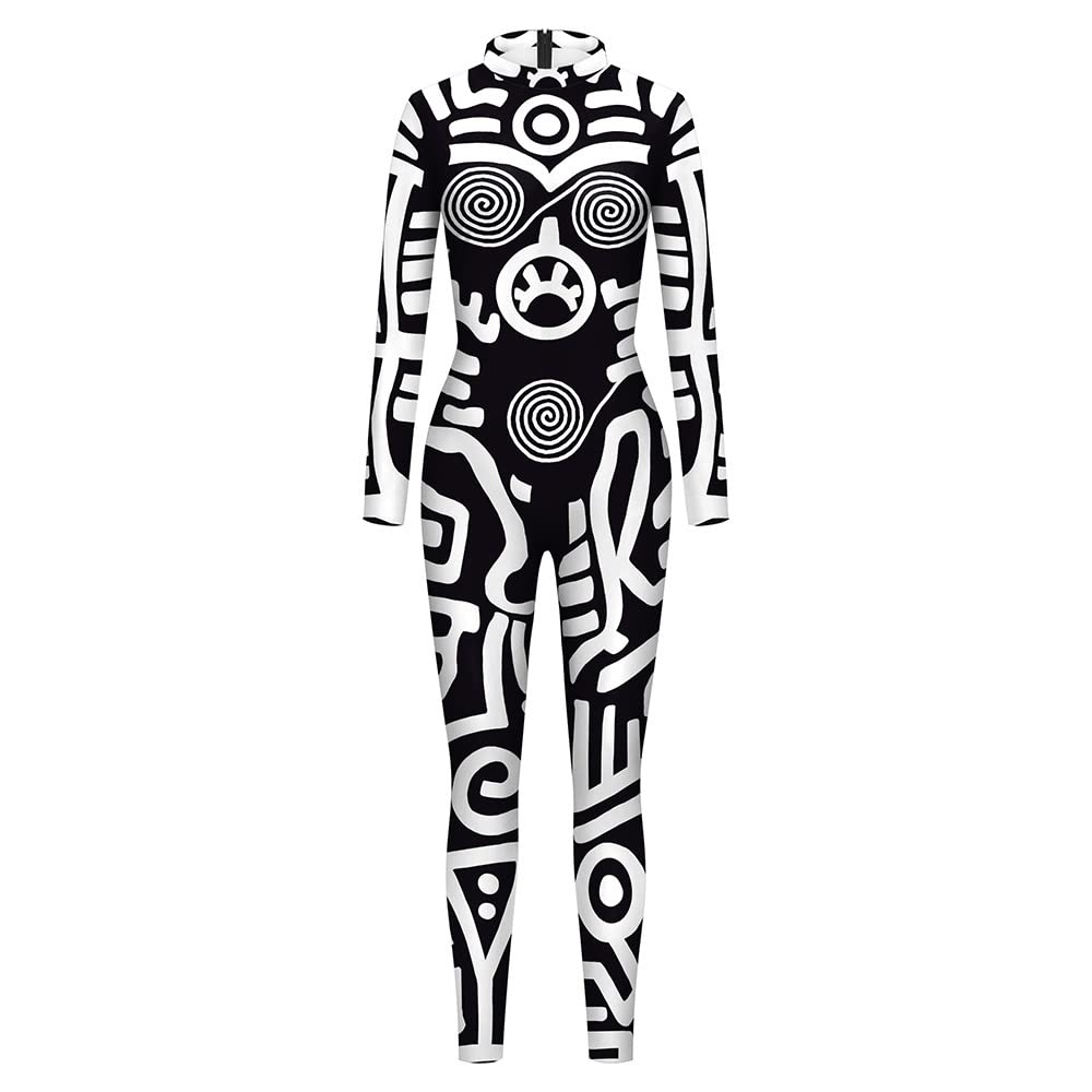 Surwin Women's Style A Catsuit Halloween Costume, 3D Black & White Abstract Printed Long Sleeve Skinny Stretch Onesies Jumpsuit Cosplay Adults Fancy Dress Up
