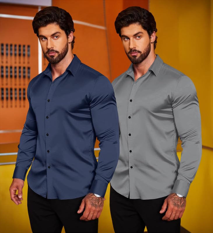 Image of Combo of Men's Premium Satin Cotton Shirt with Full Sleeves & Spread Collar | Smooth Finish | Slim Fit | Stylish Button Down Shirt for Evening, Casual Pack of 2