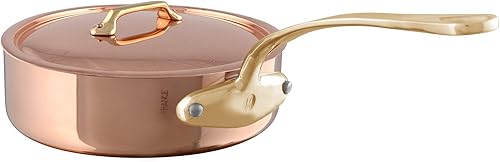 Mauviel M'Heritage 200 B - Sartén de cobre pulido y acero inoxidable con tapa y asas de latón, 1.9 cuartos de galón, fabricado en Francia