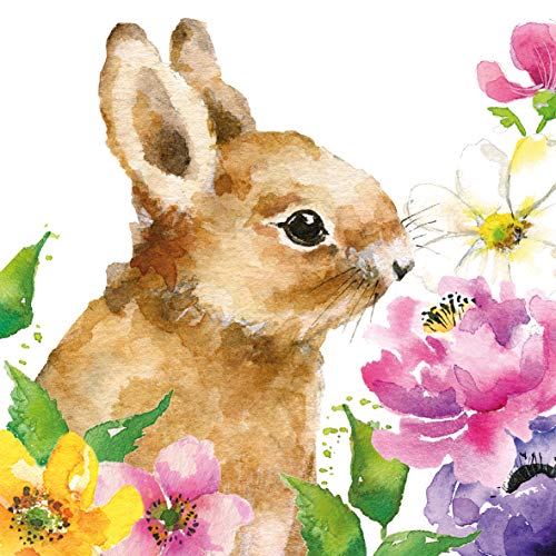 CasaJame Lot de 2 / 40 serviettes de table 3 plis 33 x 33 cm Motif lapin de Pâques avec fleurs aquarelle Cover