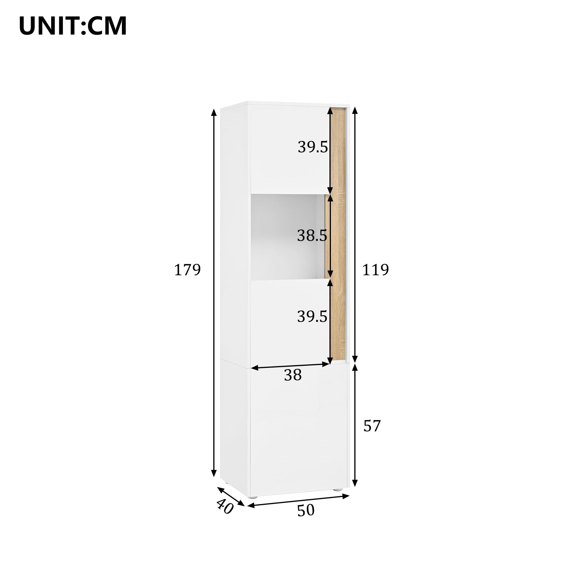 Vitrina de 50 x 40 x 179 cm, mueble de almacenamiento, armario alto, 2 puertas (una de ellas de acrílico), adecuada para salones, oficinas y cocinas, color blanco y natural