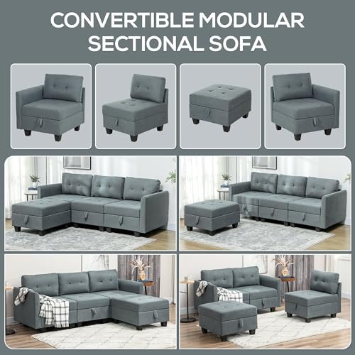 HOMCOM Convertible Modular Sectional Sofa with Storage, Tufted 3 Seater Sofa Set, L Shaped Couch with Ottoman, Wood Frame for Living Room, Dark Grey - Image 4