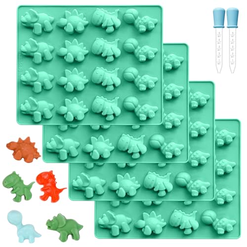 Zorazio Large Dinosaur Gummy Molds Dinosaur Candy Molds Silicone 16-Cavity For Candy Chocolate Jelly Ice Cube (4-Pack+2 Droppers)