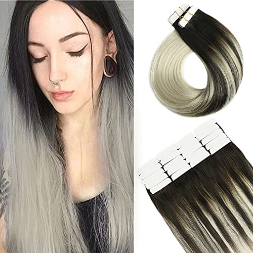 Tape In Hair Extensions Ombre Popular Color Natural Black to Gray Real 10A Grade Hair Extensions Silky Straight Double Sided Tape 100% Remy Brazilian Hair For Fashion Women 50g20pcs (14In #1B-Gray)