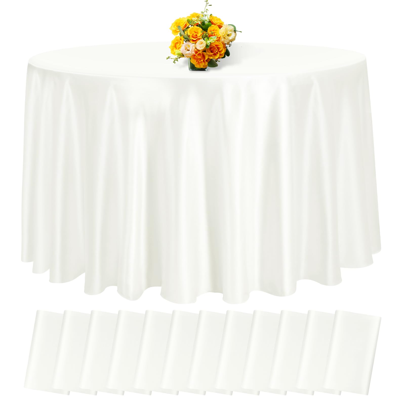fani 12 Pack 108 Inch Ivory Satin Tablecloth - Premium Bright Silky Round Tablecloth Overlay Smooth Fabric Table Cover, Table Decoration for Wedding