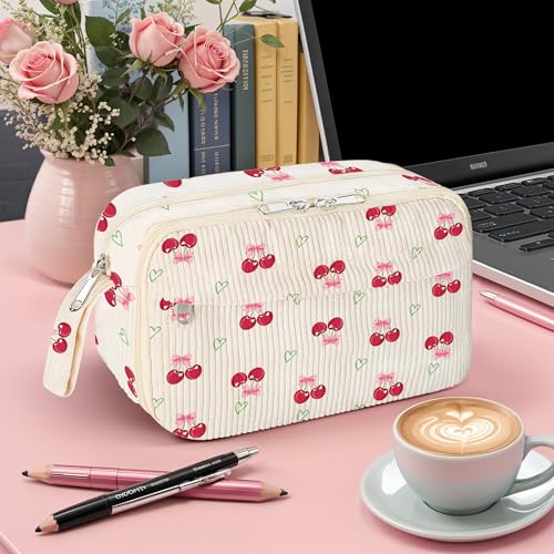Image of WOBAGMEN Cute Pencil Case,Large Corduroy Zippered Pencil Case Pouch, aesthetic Pencil Bag with Compartments, Pencil Pouch School Supplies (HY-corduroy pc-cherry)