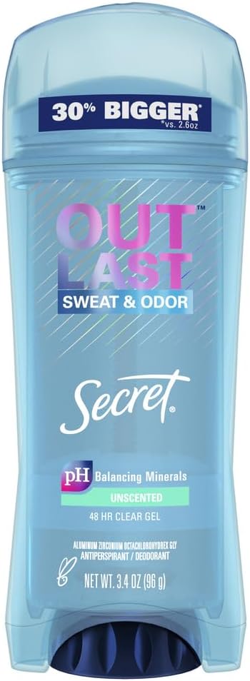 Secret Antiperspirant Deodorant Women, Unscented Clear Gel, Outlast, 3.4 oz (Pack of 3)