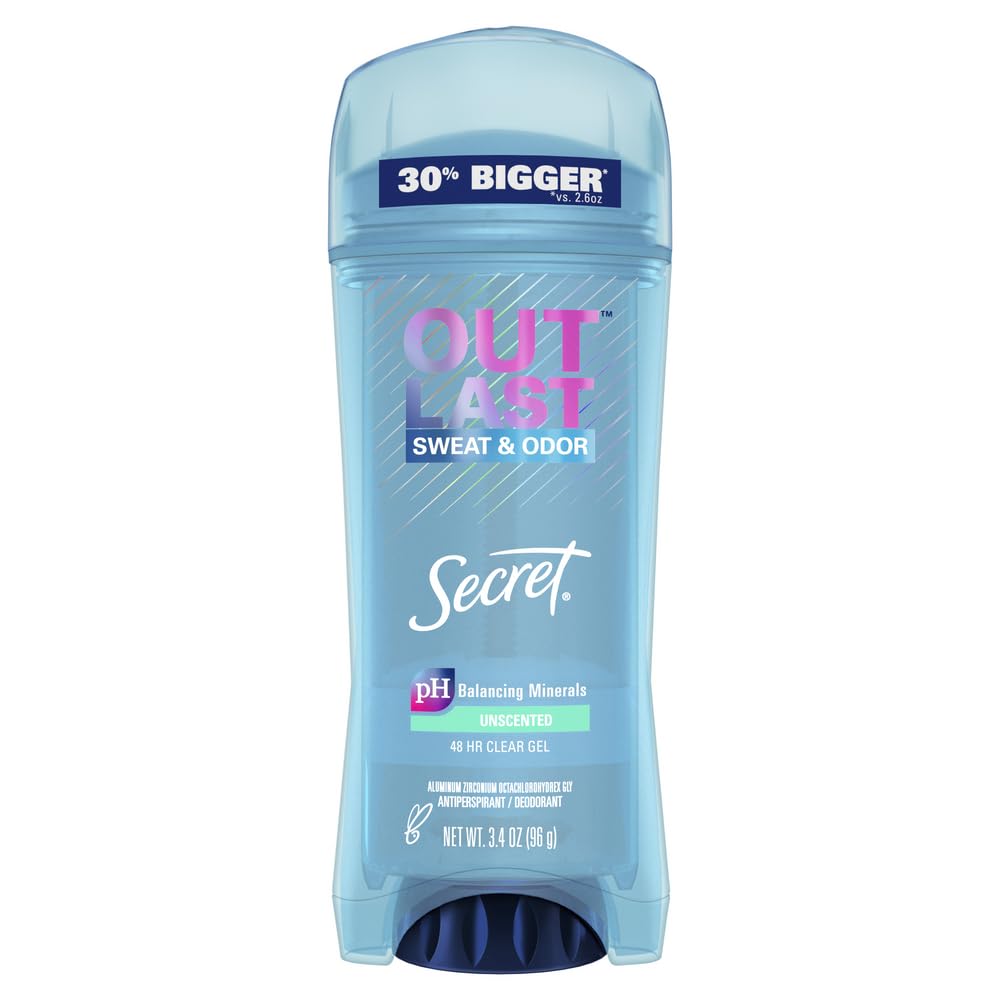 Secret Antiperspirant Deodorant Women, Unscented Clear Gel, Outlast, 3.4 oz (Pack of 3)