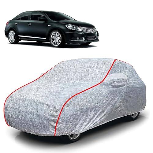 Image of Sulfar 100% Waterproof Car Body Cover Compatible with Mirror for Maruti Suzuki Kizashi (Triple Stitched, Full Bottom Elastic, Magic Silver with Red Piping)