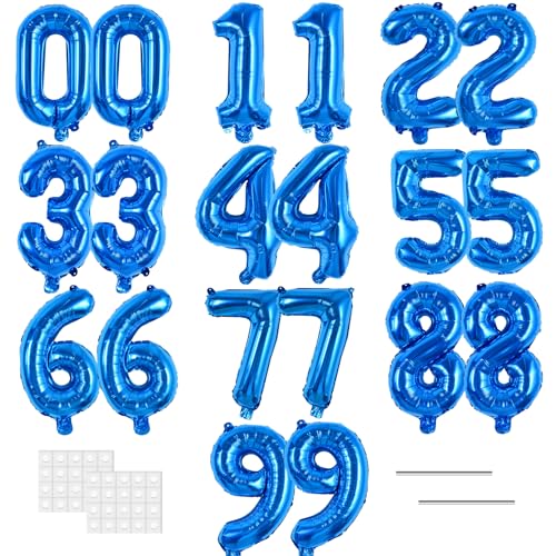 Image of TONIFUL 20 Pcs Number Balloon 2 Set 16 Inch Blue 0-9 Numbers Balloons | Small Custom Digital Mylar Foil Ballons for Birthday Halloween Graduation Anniversary 2027 New Year Eve Party Decorations
