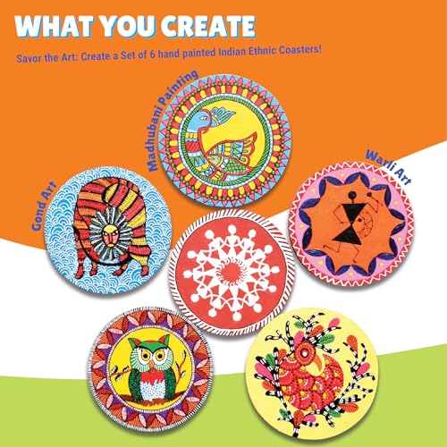 Image of Asian Hobby Crafts DIY Ethnic Coaster Painting Kit - 6 Pre-Marked Coasters, Paint & Brush | Warli, Madhubani, Gond, Indian Folk Art Kit for Kids & Adults (4-12) | Birthday Return Gift Craft Set