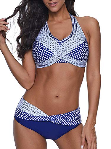 ReachMe Womens High Waisted Bikini Sets Halter Neck Push Up Two Piece Swimsuit Twist Front Bathing Suit Swimwear(01 Polka Dots Royal,M)
