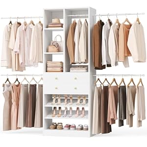 Closet System, 4.2–8.8 FT Closet Organizer with 2 Wooden Drawers and Shelves, Walk-in Closet System with 5 Hang Rods, Built-in Reach in Closet Tower, Can Fit 60 to 96 inch, White