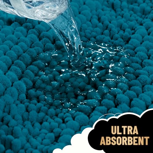 Image of OLANLY Thick Bathroom Runner Rugs 47x17, Extra Absorbent Chenille Striped Bath Rugs, Rubber Backing, Machine Wash Dry, Long Bath Mats for Bathroom, Tub and Shower, Home Decor Accessories, Peacock Blue