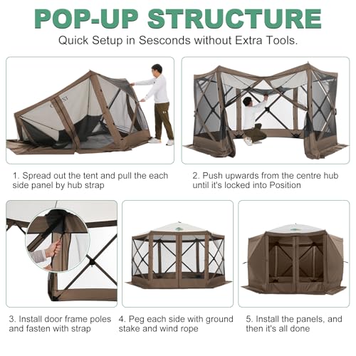 Image of COBIZI 12x12 FT Pop Up Canopy Shelter Tent, Large Gazebos On Clearance with Sidewalls, Screened in Gazebo, Screen Tents Portable carpas para Patio for Outdoor Camping, Backyard, Garden, Beach,Brown